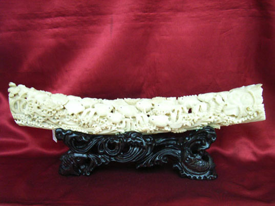 kkm3734 Mammoth Ivory Carving Goldfish Bridge 17"
