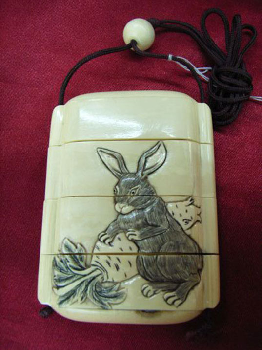 kkm3737 Mammoth Ivory Netsuke Inro Rabbit Man Child 3"