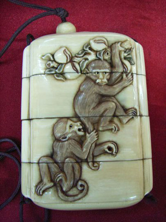 kkm3741 Mammoth Ivory Netsuke Inro 2 Monkey Boy