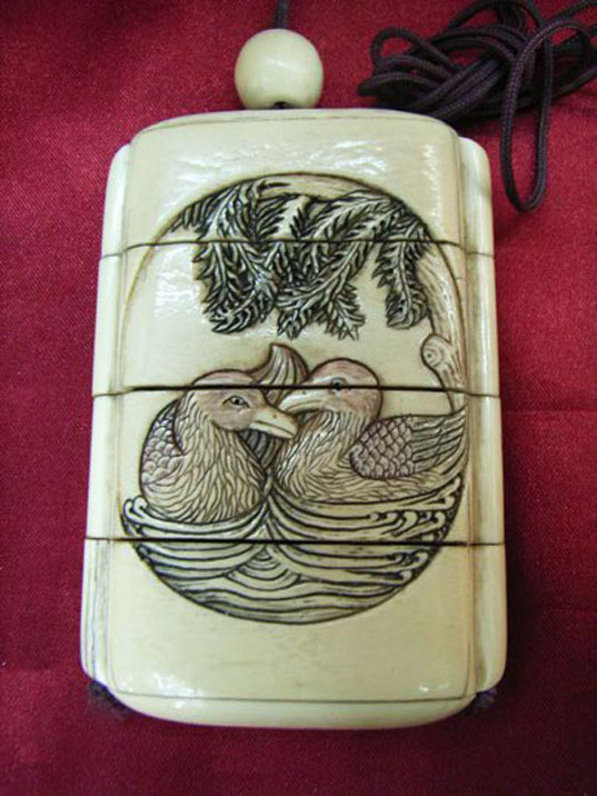 kkm3743 Mammoth Ivory Netsuke Inro Mandarin Duck 3-1/2"