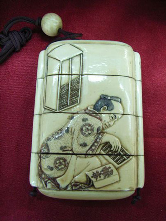 kkm3744 Mammoth Ivory Netsuke Inro Bird Deer 3-1/2"
