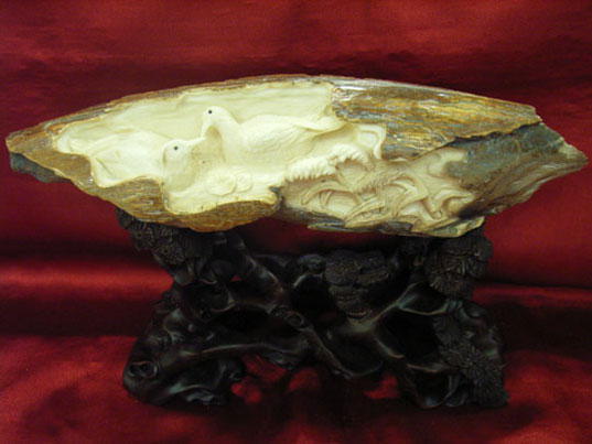 kkm3748 Mammoth Ivory Carving 2 Lovely Bird 9-1/2"