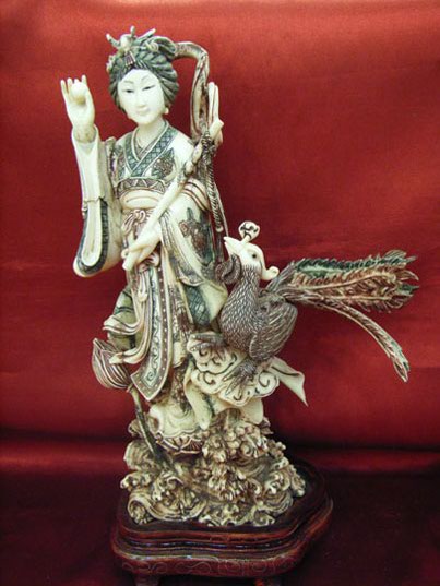 kkm3751 Mammoth Ivory Carving Belle Lady Phoenix 8-3/4"