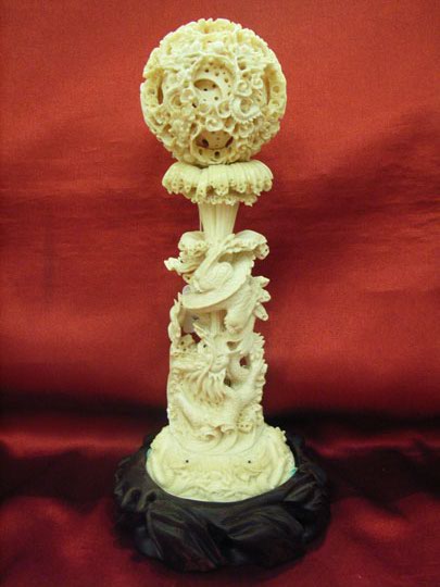 kkm3752 Mammoth Ivory Carving Dragon Stand Canton Puzzle Ball