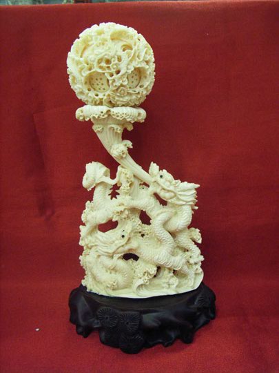 kkm3753 Mammoth Ivory Carving 2 Dragon Stand Canton Puzzle Ball